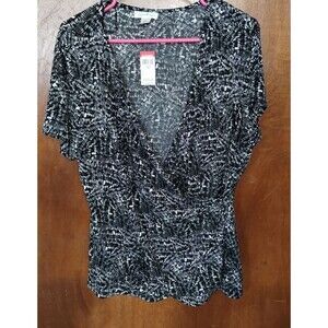 Jaclyn Smith Faux Wrap Top XL Womens Black White Stretch Jersey Short Sleeve New